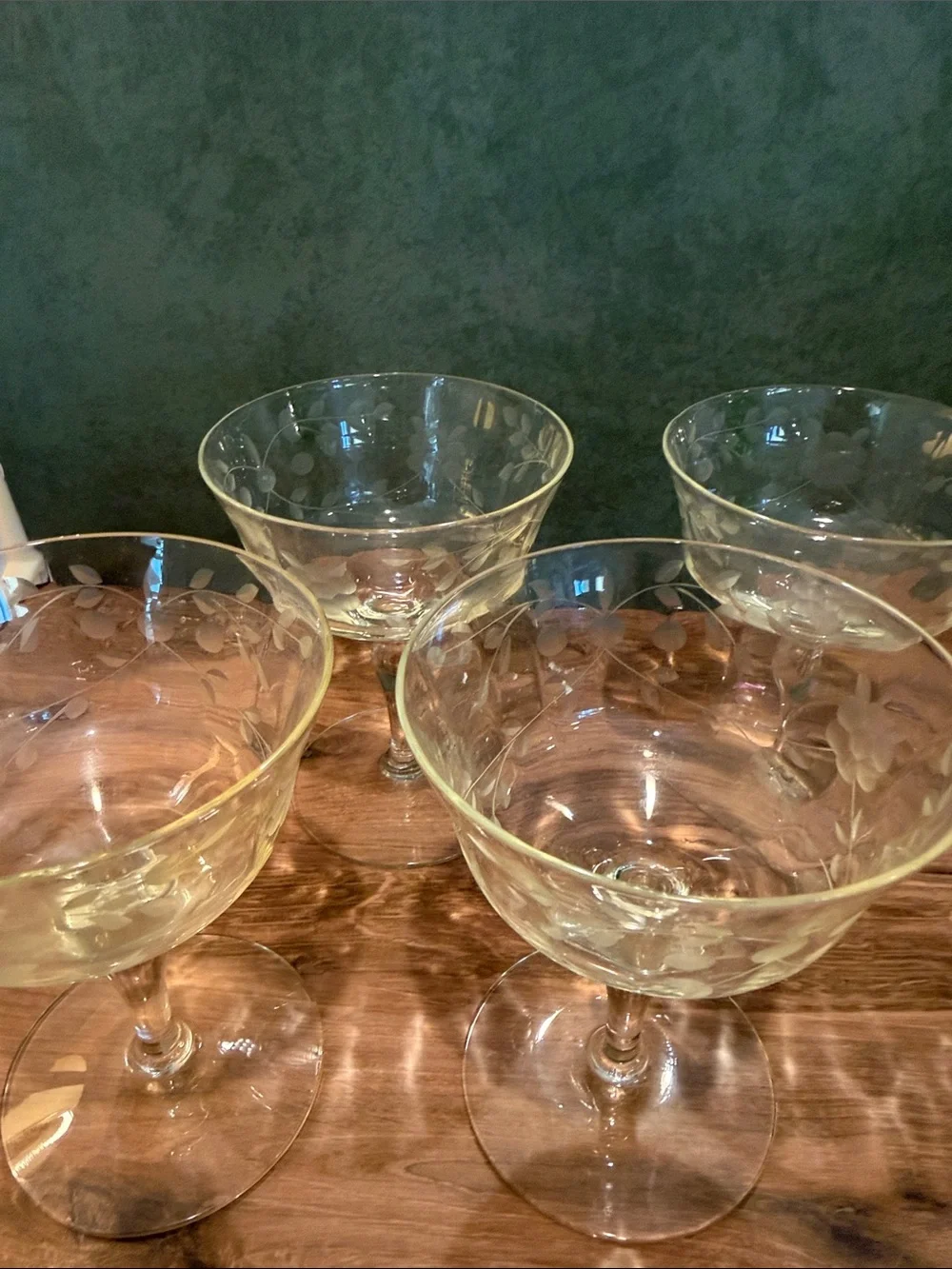 Vintage Etched Glass Champagne Coupe - very light yellow set up 4